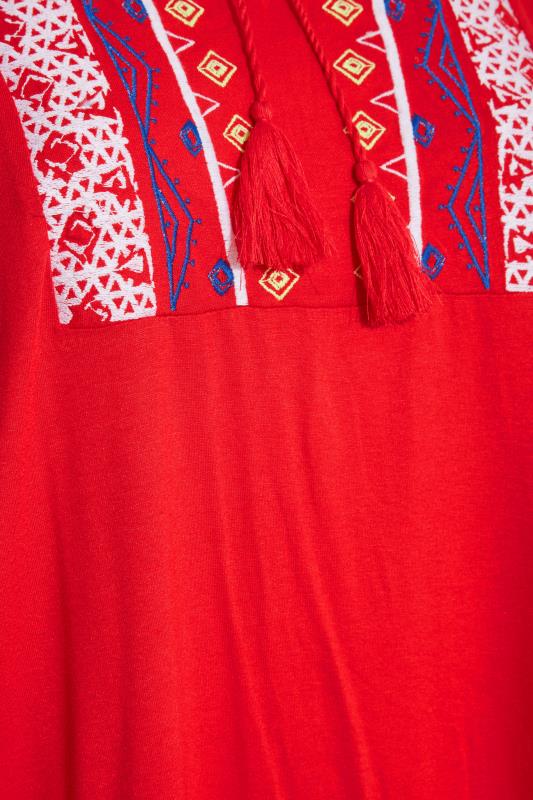 Plus Size Red Aztec Embroidered Tie Neck Top | Yours Clothing  5