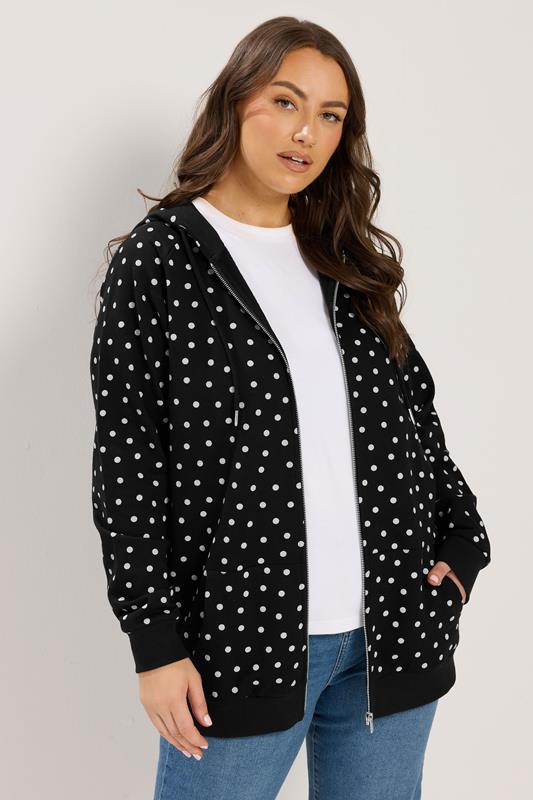 YOURS Plus Size Black Polka Dot Zip Through Raglan Hoodie | Yours Clothing 1