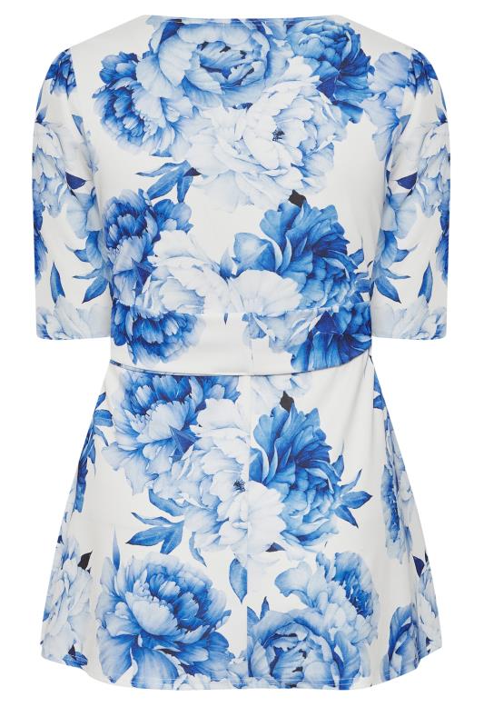 YOURS LONDON Plus Size White & Blue Floral Print Peplum Top | Yours Clothing 7