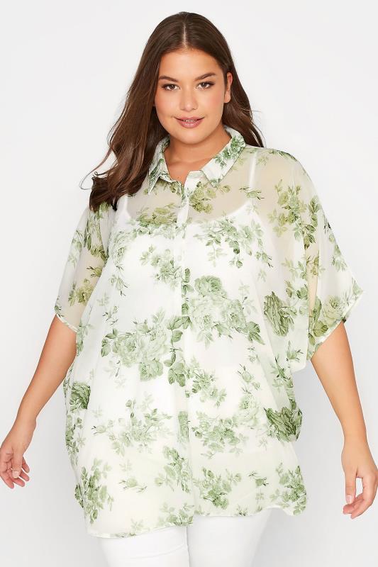 Plus Size Green Floral Print Batwing Blouse | Yours Clothing  1