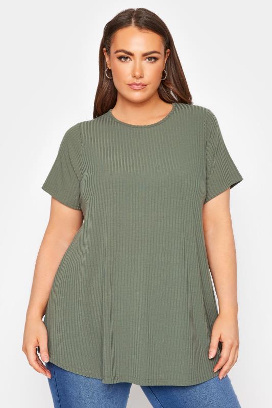 LIMITED COLLECTION Curve Khaki Green Ribbed Swing Top_A.jpg