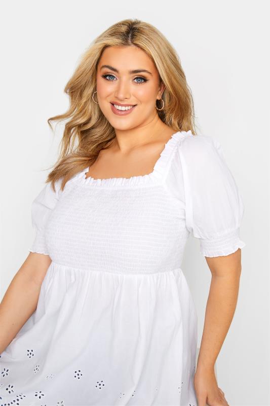 Plus Size White Shirred Broderie Anglaise Top | Yours Clothing 4