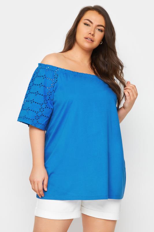 YOURS Plus Size Blue Broderie Anglaise Bardot Top | Yours Clothing 1