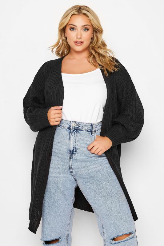 Plus Size Black Pleat Sleeve Knitted Cardigan | Yours Clothing 3