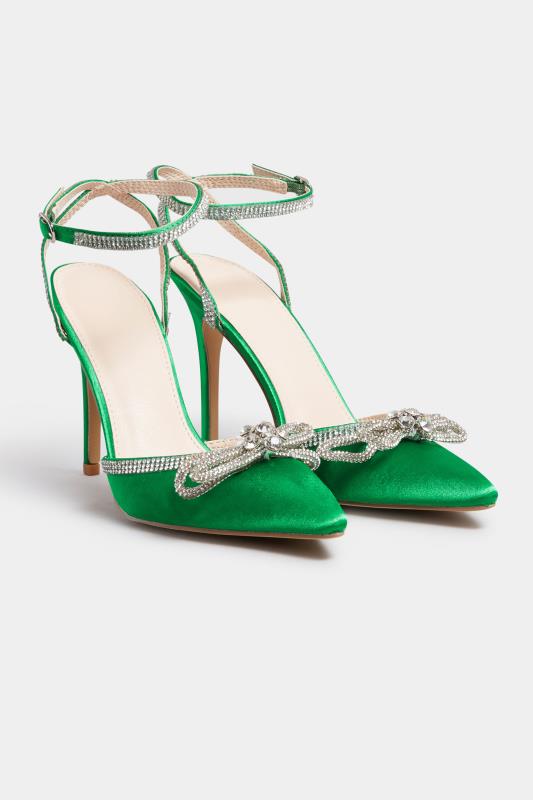 PixieGirl Green Diamante Bow Court Shoes In Standard D Fit | PixieGirl 2