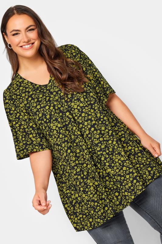 Plus Size  YOURS Curve Yellow Floral Print Pleat Front Top