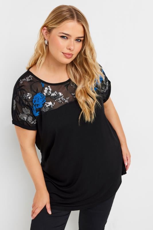  Grande Taille YOURS Curve Black & Blue Mesh Embellished Swing Top