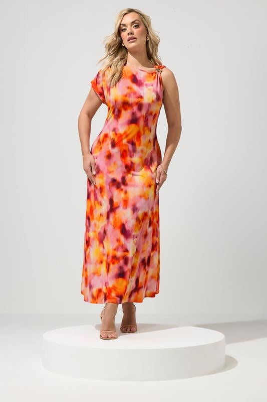 YOURS LONDON Plus Size Orange Blurred Abstract Buckle Detail Dress | Yours Clothing 1