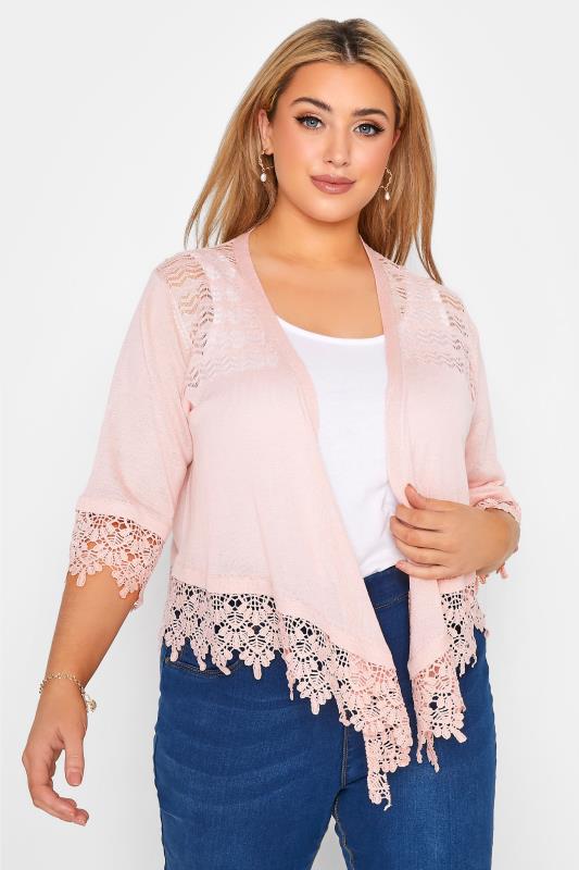  Grande Taille Curve Pink Crochet Detail Waterfall Shrug Cardigan