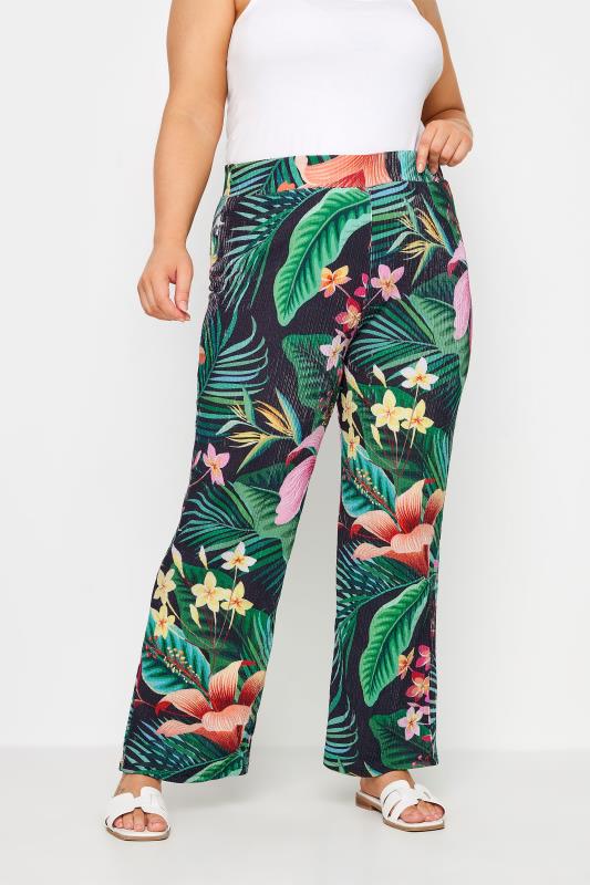 YOURS Plus Size Green Tropical Print Wide Leg Trousers | Yours Clothing 1