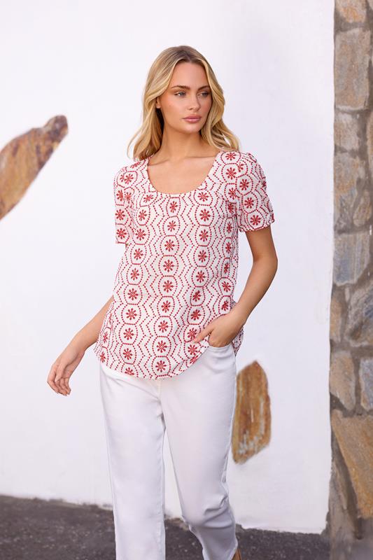  M&Co Top blanc brodé de fleurs rouges