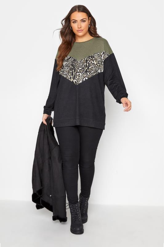 Plus Size Curve Black Leopard Print Colour Block Knitted Top | Yours Clothing 2