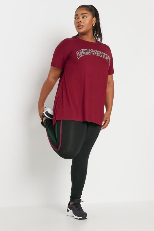 YOURS ACTIVE Plus Size Burgundy Red 'Be Positive' Slogan Print Top | Yours Clothing 2