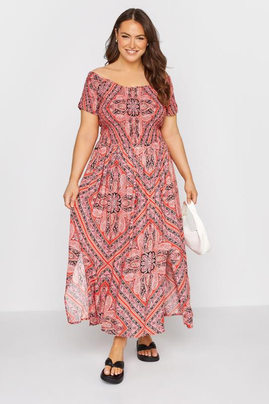 Plus Size Pink Paisley Print Bardot Maxi Dress | Yours Clothing 1