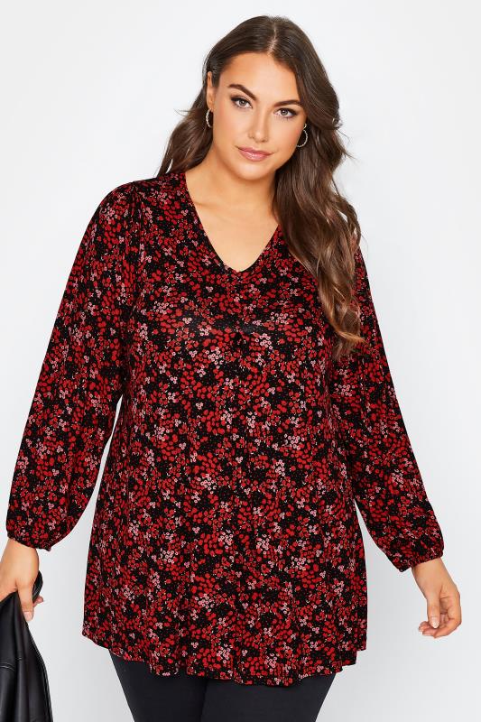 Plus Size Red Ditsy Floral Swing Top | Yours Clothing 1