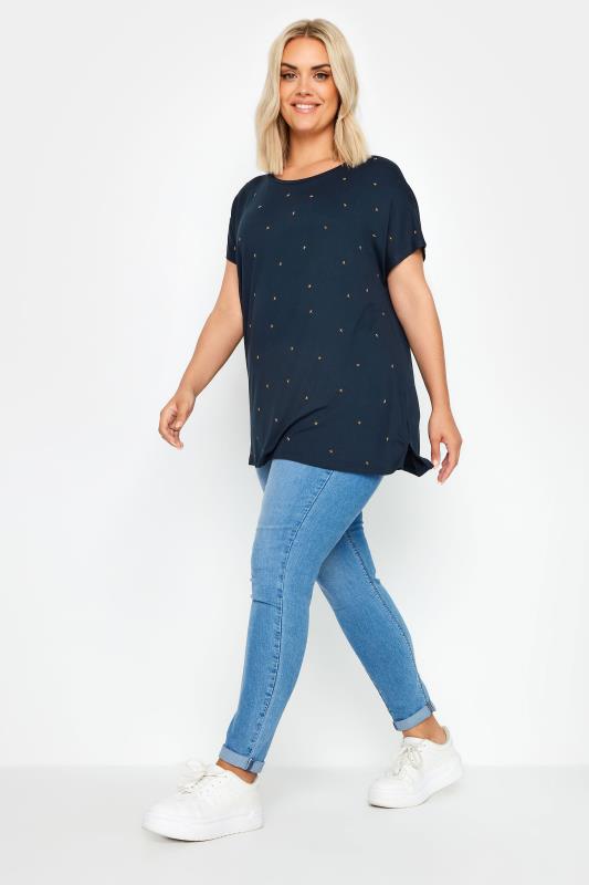 YOURS Plus Size Navy Blue Star Embellished Short Sleeve Top | Yours Clothing 2