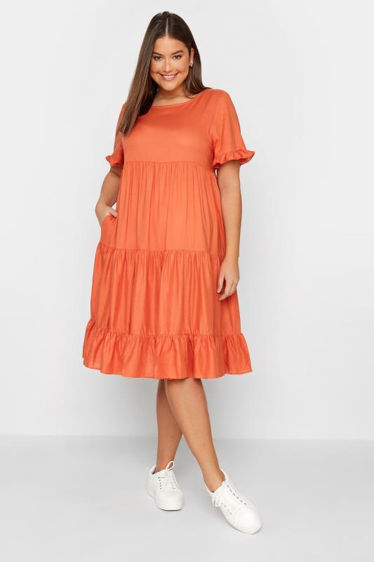 LTS Orange Maternity Tiered Linen Look Smock Dress | Long Tall Sally 2