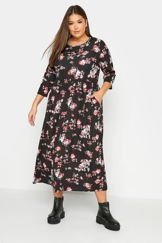 Plus Size  YOURS Curve Black Floral Print Pocket Dress