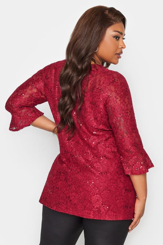 YOURS Plus Size Red Lace Sequin Embellished Swing Top | Yours Clothing 3