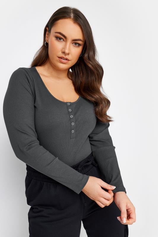 YOURS Plus Size Charcoal Grey Ribbed Popper Fastening Top | Yours Clothing 1