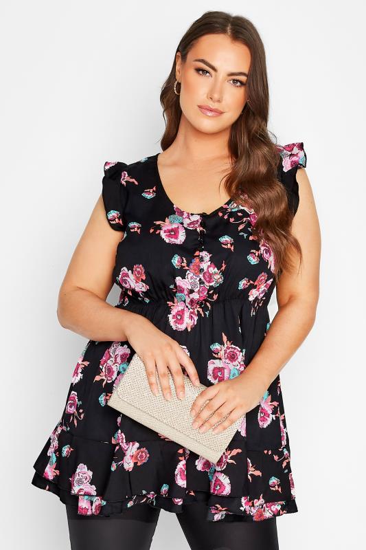 Plus Size Black Floral Frill Sleeve Tunic Top | Yours Clothing 1