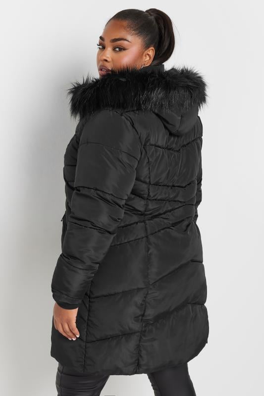 YOURS Plus Size Black Faux Fur Trim Puffer Coat | Yours Clothing 5