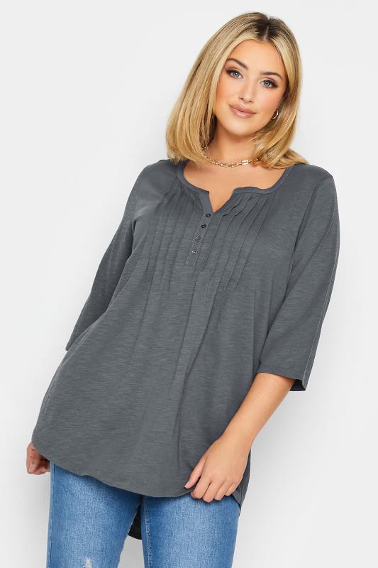 Plus Size  YOURS Curve Grey Pintuck Button Henley T-Shirt