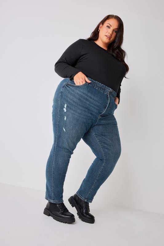 Plus Size Indigo Blue Washed Elasticated Stretch MOM Jeans | Yours Clothing  7