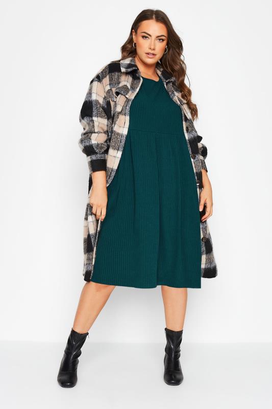 Plus Size Forest Green Ribbed Smock Dress | Yours Clothing 2