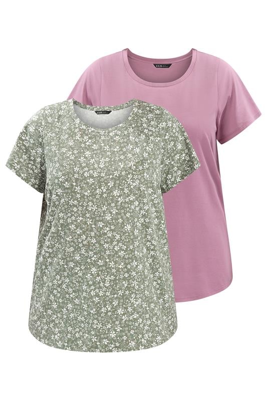  YOURSET 2 PACK Curve Sage Green & Pink Ditsy Floral T-Shirts