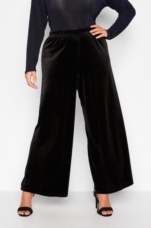  Grande Taille YOURS Curve Black Velvet Stretch Wide Leg Trousers