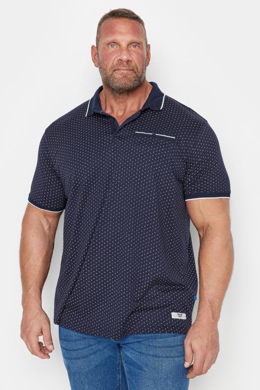 D555 Big & Tall Navy Blue Spot Print Jacquard Collar Polo Shirt | BadRhino 1