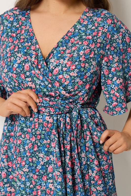 YOURS Plus Size Blue Floral Textured Wrap Top | Yours Clothing 4