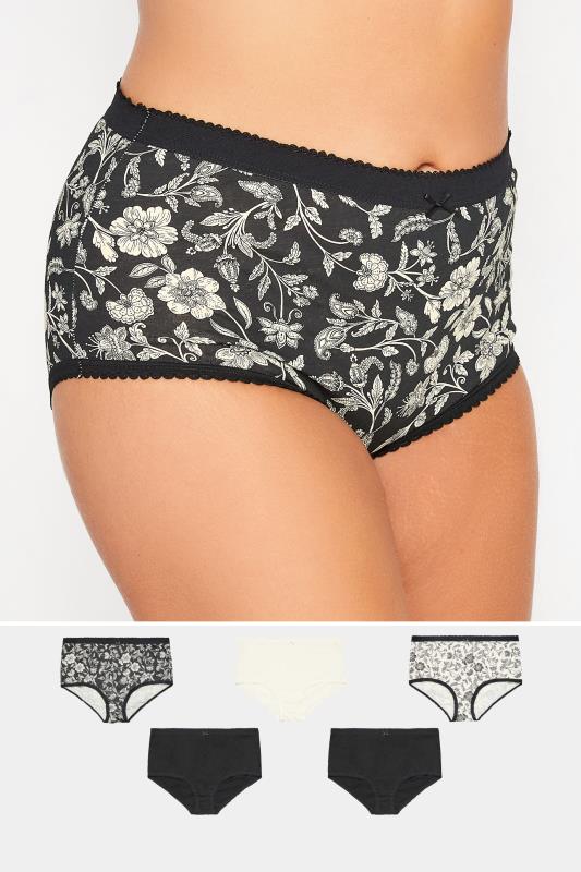 Plus Size 5 PACK Black Paisley Print High Waisted Full Briefs | Yours Clothing  1