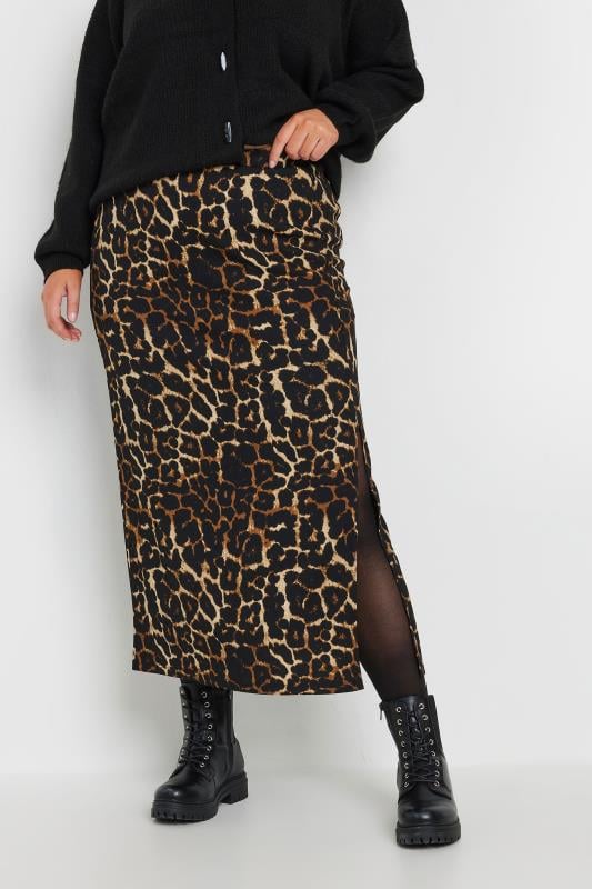  YOURS Curve Brown Textured Leopard Print Maxi Skirt