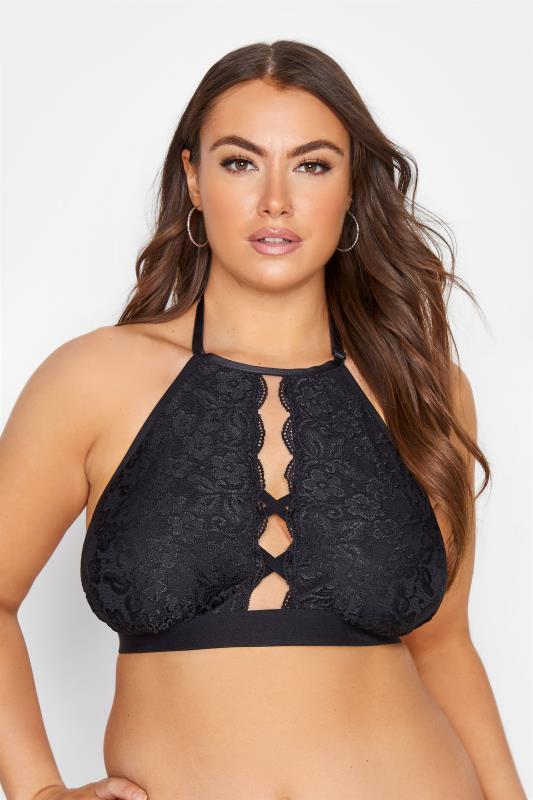 Plus Size Black Boudoir Lace Lattice Halter Neck Non-Padded Non-Wired Bralette | Yours Clothing 1