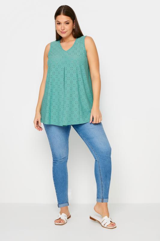 YOURS Plus Size Blue Broderie Anglaise Swing Vest Top | Yours Clothing 2
