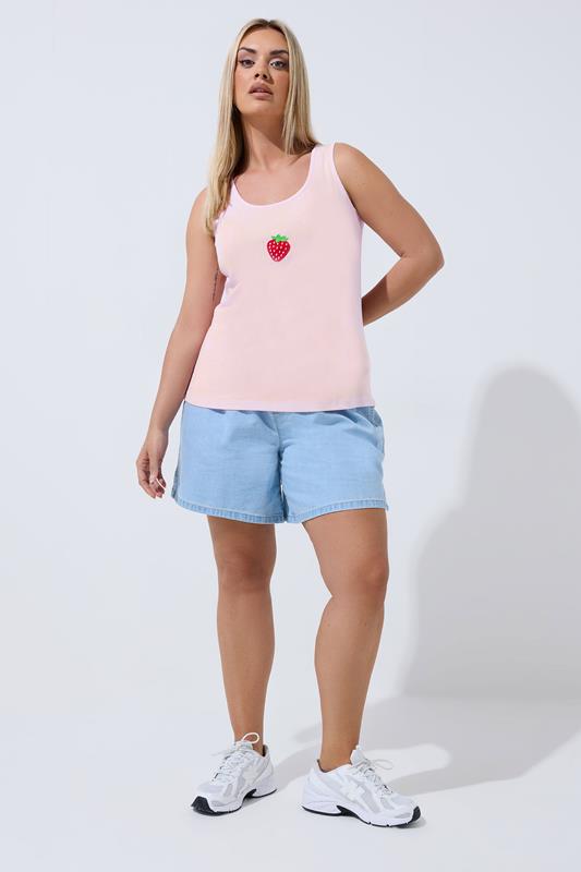 LIMITED COLLECTION Plus Size Light Pink Embroidered Strawberry Vest Top | Yours Clothing 1