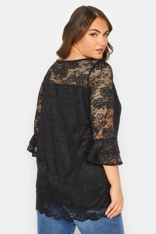 YOURS Plus Size Black Lace Bell Sleeve Blouse | Yours Clothing 4