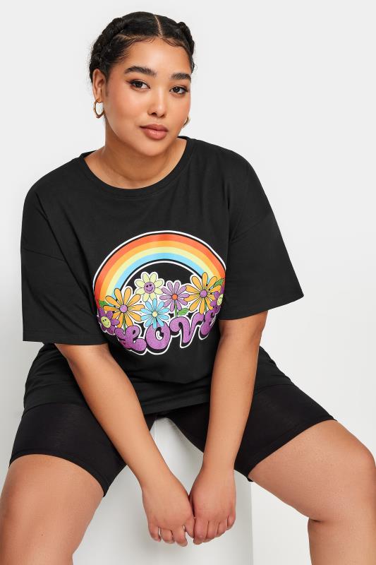 Plus Size  YOURS Curve Black Rainbow Print 'Love' Slogan Oversized T-Shirt