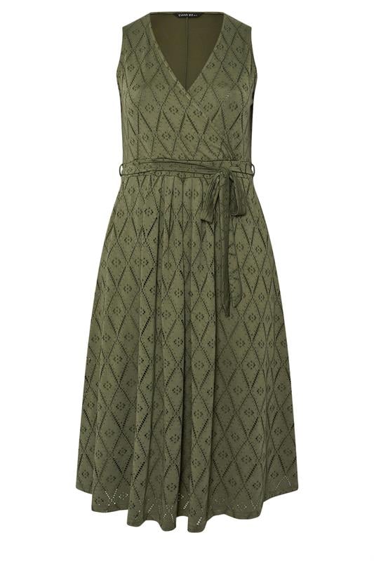 EVANS Plus Size Khaki Green Broderie Wrap Midi Dress | Evans 6