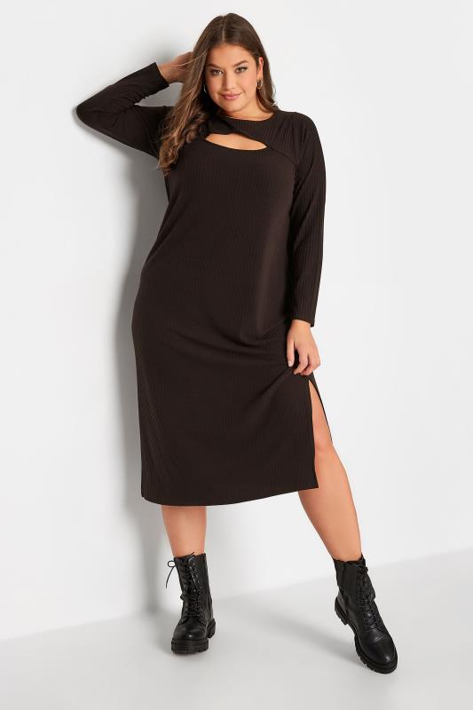 Plus Size  Curve Chocolate Brown Ribbed Cut Out Midaxi Dress