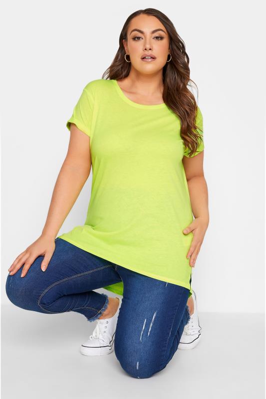 YOURS FOR GOOD Curve Neon Green Topstitch Short Sleeve T-shirt_A.jpg
