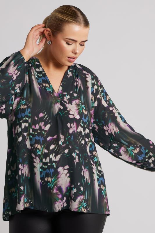 YOURS LONDON Plus Size Black Abstract Print Pleated Blouse | Yours Clothing 2