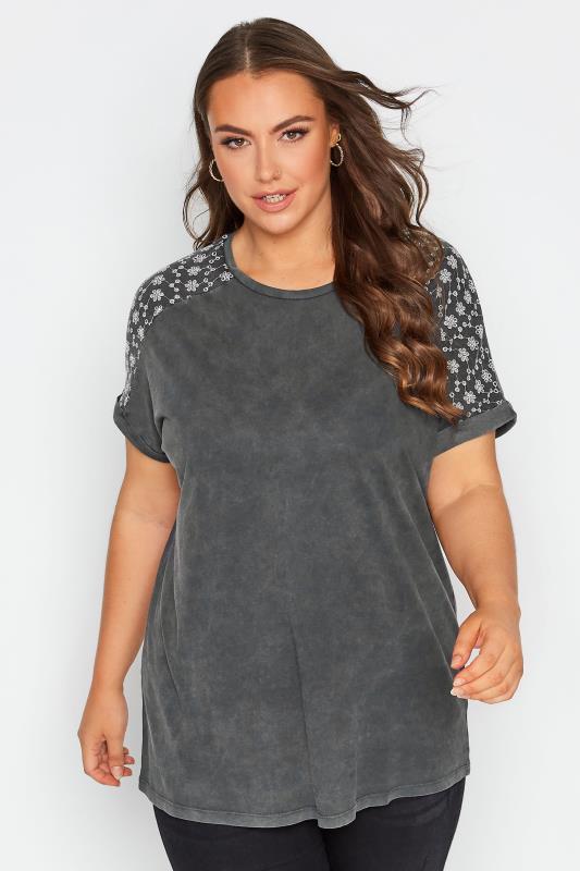 Plus Size Washed Grey Embroidered Shoulder Top | Yours Clothing 1