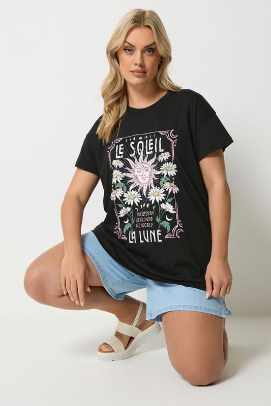 YOURS Plus Size Black 'Le Soleil' Graphic T-Shirt | Yours Clothing 1