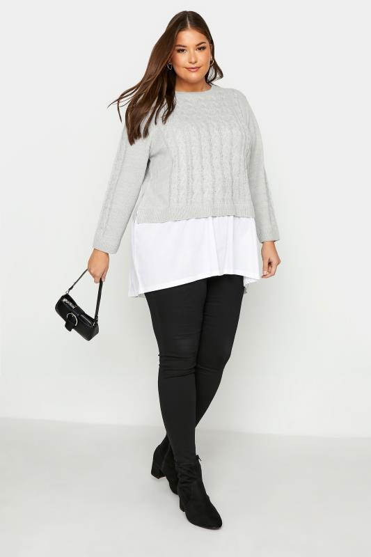 Plus Size Curve Grey 2 In 1 Poplin Hem Cable Knitted Jumper | Yours Clothing 2