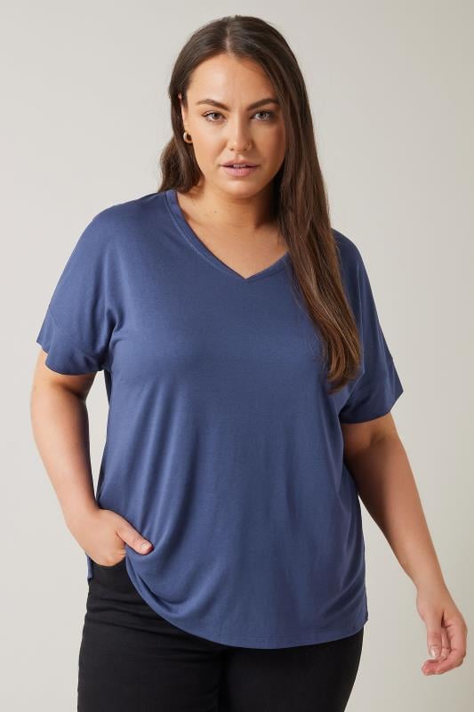 EVANS Plus Size Navy Blue V-Neck Modal Rich T-Shirt | Evans 1