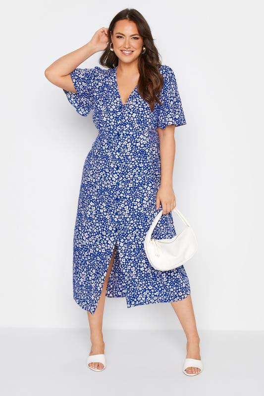 YOURS LONDON Plus Size Blue Floral Button Through Tea Dress | Yours Clothing 1