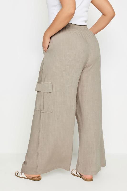 YOURS Plus Size Stone Brown Linen Wide Leg Cargo Trousers | Yours Clothing 4